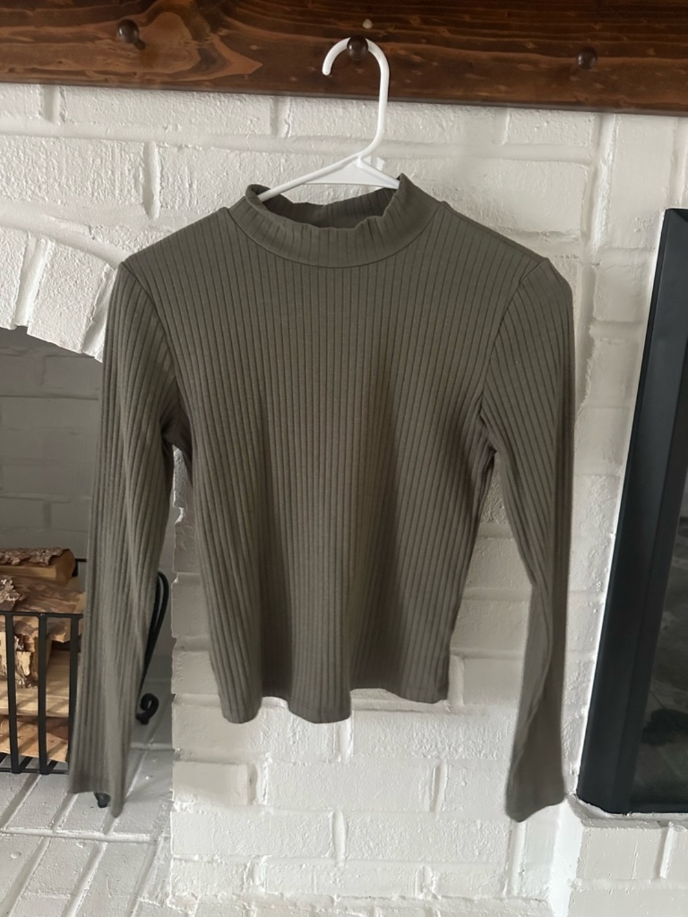 Pink Rose Ribbed Mock Neck Long Sleeve Top - Olive Green